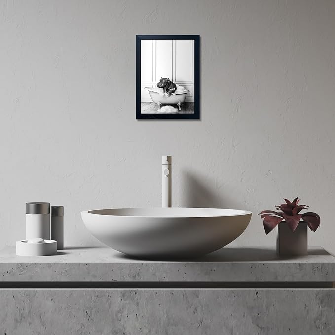 Framed Bathroom Decor Wall Art Black and White Canvas Print Cute Hippo in - Image 6