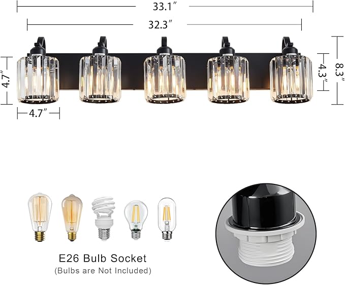 Crystal Vanity Light Black 5 Lights Modern Bathroom Vanity Lighting Fixtures - Image 3