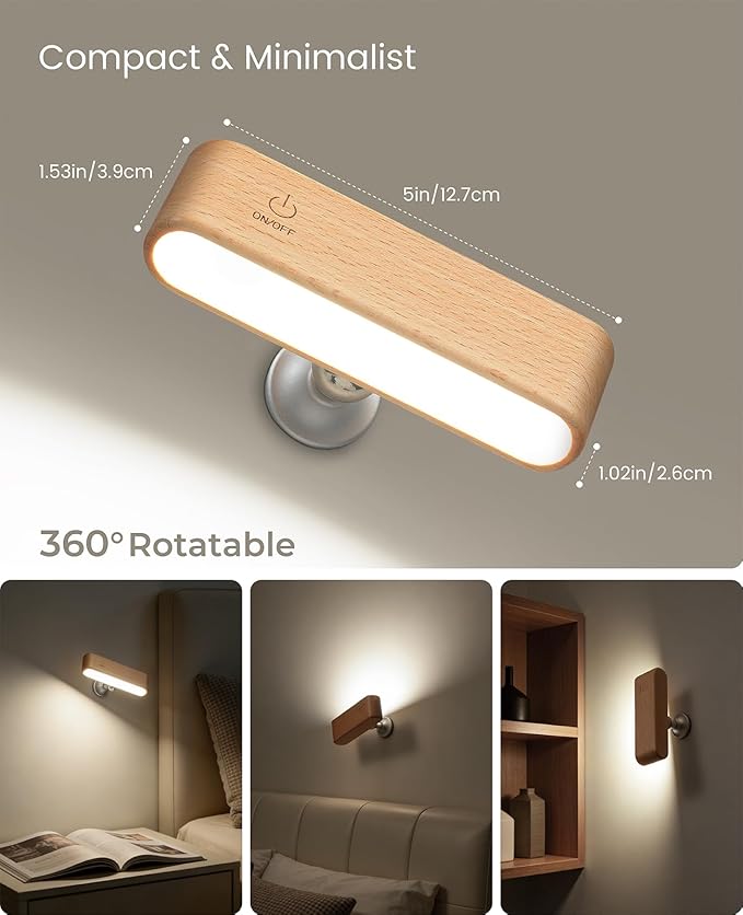 Wood LED Wall Sconce, Magnetic 360° Rotatable Wall Mounted Night Light & - Image 4