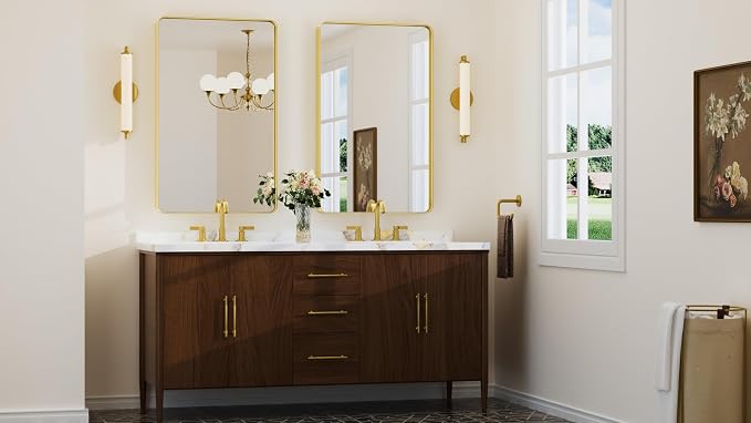 Keonjinn Gold Bathroom Mirrors for Over Sink, 40” x 24” Rounded Rectangle - Image 2