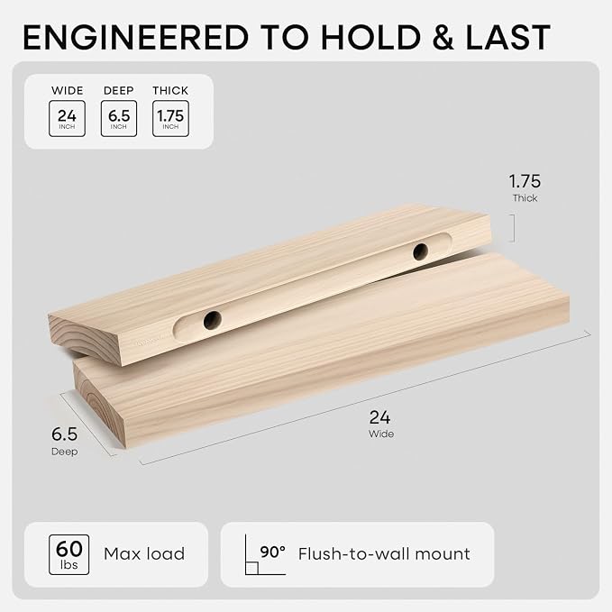 Homeforia 24 inch Wood Floating Shelves, High End Solid Natural Wood 24inch - Image 2