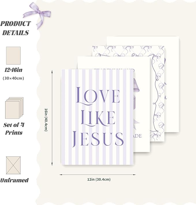 LARTSFRO Coquette Purple Bow Jesus Wall Art Decor Posters, Inspirational Bible - Image 2