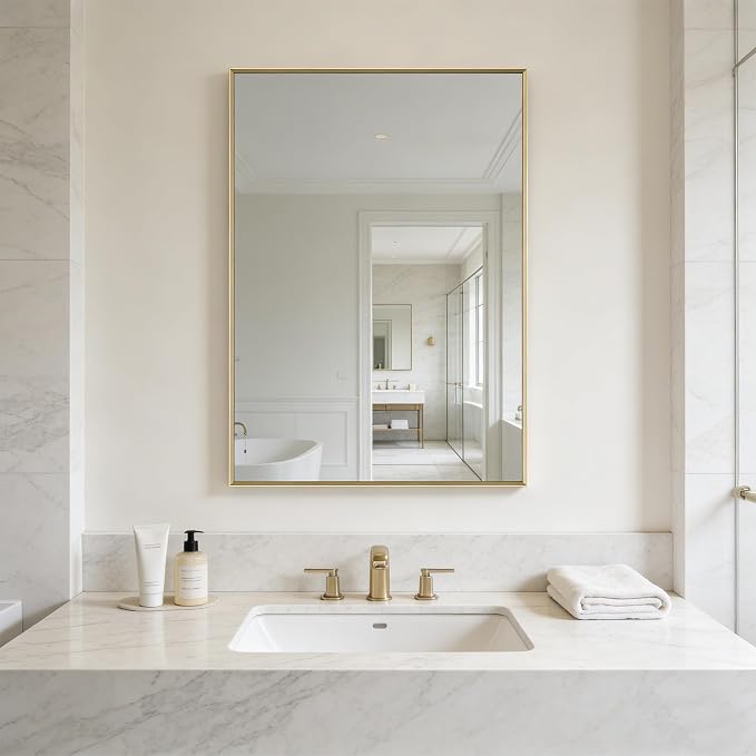 Bathroom Mirror for Wall, 30x40 Inch Metal Framed Mirror, Brushed Gold - Image 9