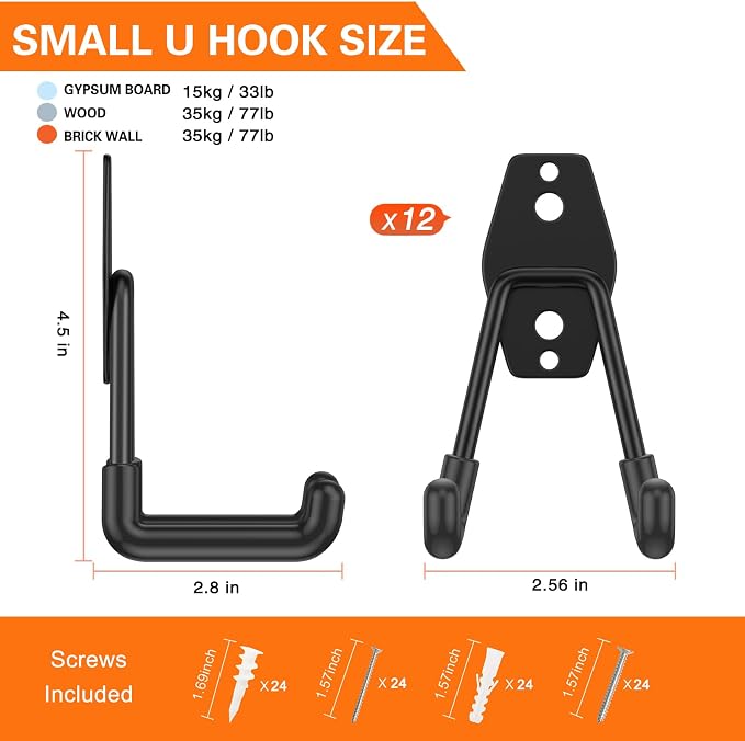 HUPBIPY Heavy Duty Garage Hooks 12 Pack, 2.8 inch Small U Shaped Hanger - Image 2
