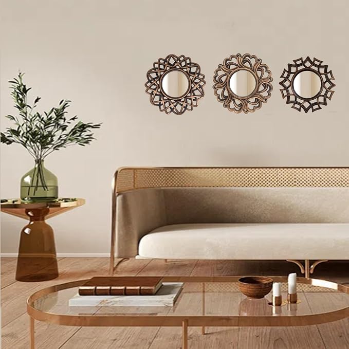Retro Gold Mirrors for Wall Pack of 3. Geometric Lines Round Mirrors. More - Image 2