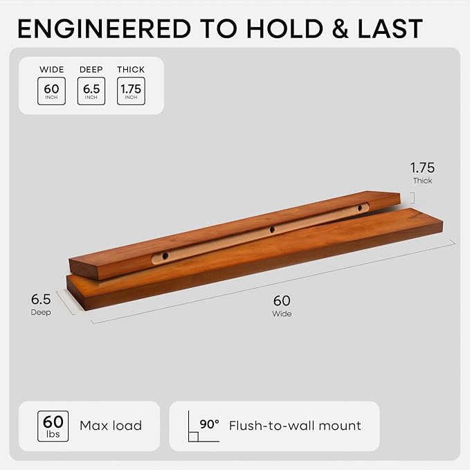 Homeforia Floating 60 inch Oak Shelves, High End Solid Real Wood 60inch - Image 2