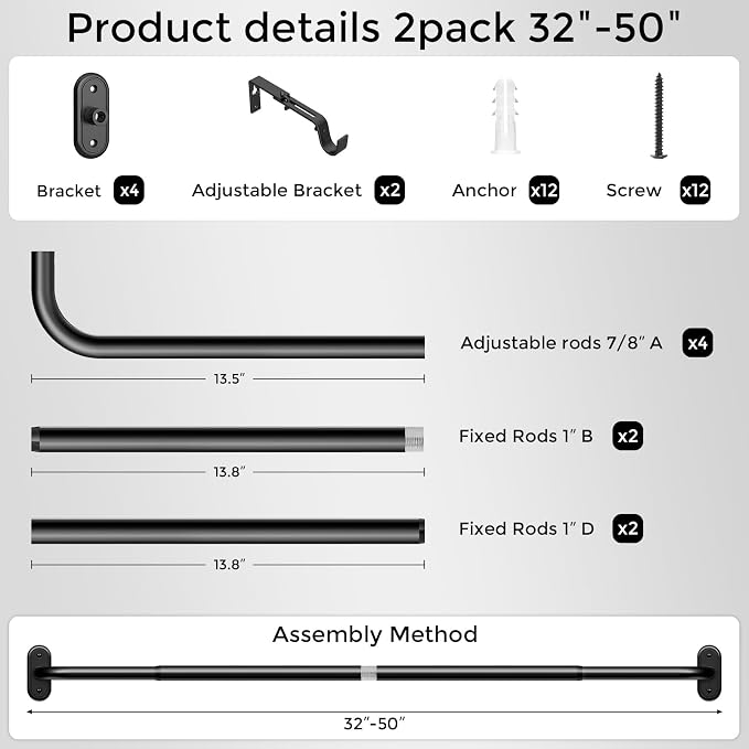 2 Pack Curtain Rods 32-46 Inch, 1 Inch Adjustable Heavy Duty Room Darkening - Image 7