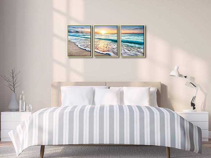 Wieco Art Framed Canvas Wall Art 3 Panel Blue Beach - Image 3