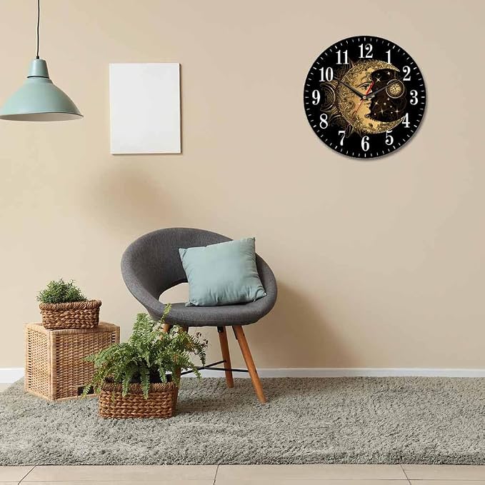 Mxocom Crescent Moon Wall Clock Boho Chic Golden Sun Ethnic Retro Night Black - Image 6