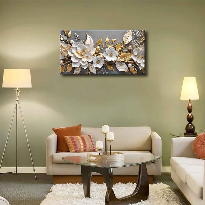 Large Living Floral Canvas Wall Art Gold White Plant Abstract Decor painting - Image 5