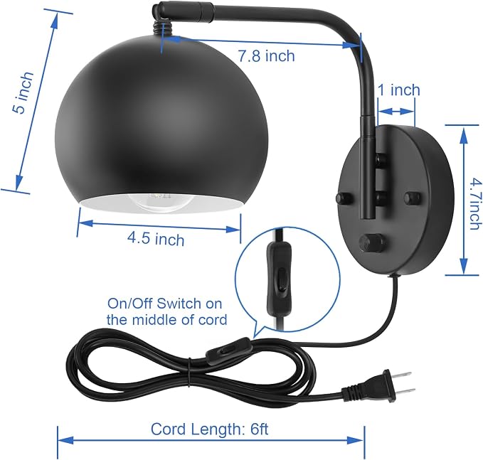 VATONI Plug in Wall Sconces, Dimmable Wall Sconce Swing Arm Wall Lights - Image 5