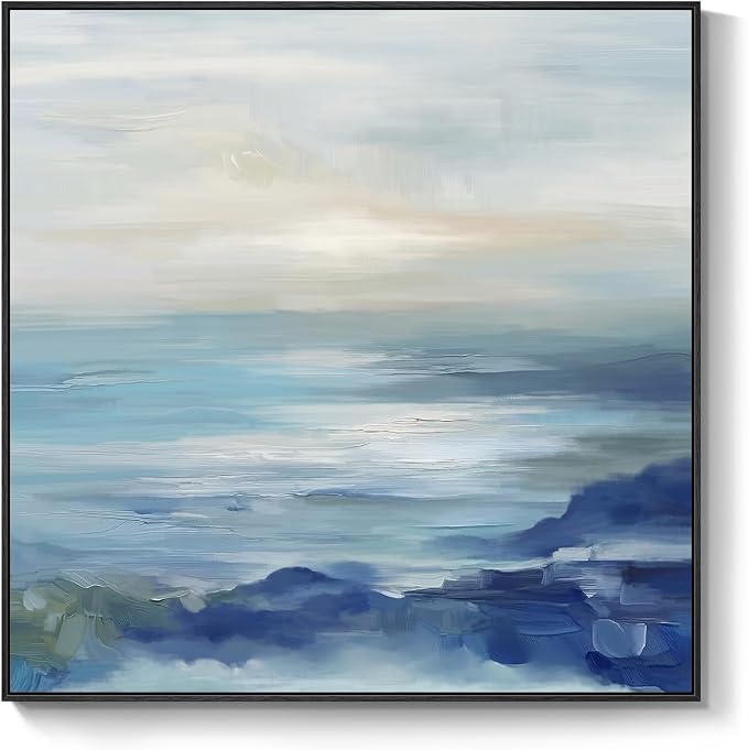 Framed Blue Abstract Wall Art Decor, Square Coastal Modern Canvas Artwork - Image 9