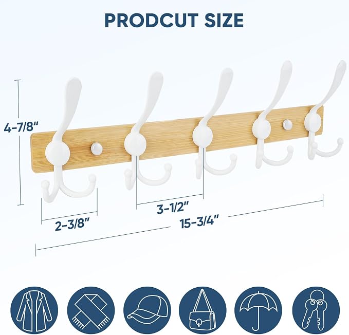 TICONN Wall Mounted Coat Rack, Five Heavy Duty Tri Hooks All Metal Construction - Image 2