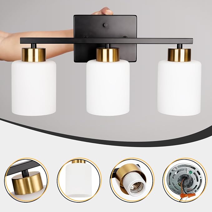 FonmYim Black and Gold Bathroom Light Fixtures, 3-Light Modern Vanity Light - Image 7