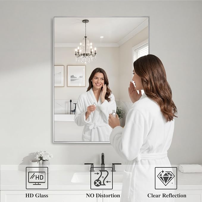 Koonmi Silver Rectangle Wall Mirror, 30x36 Inch Bathroom Mirror, Aluminum Frame - Image 3
