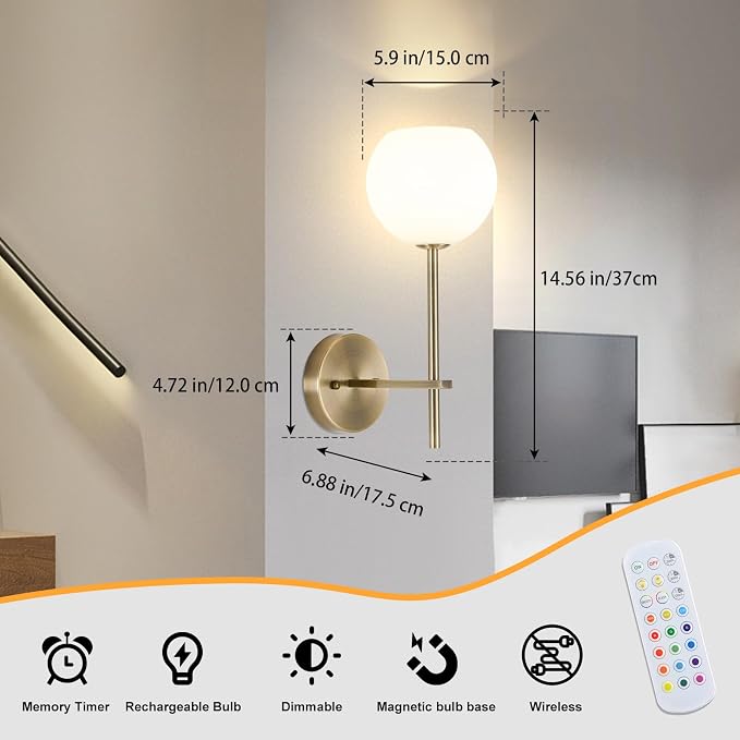 Brass Battery Operated Wall Sconces Set of 2, Rechargeable Wireless Wall Lights - Image 2