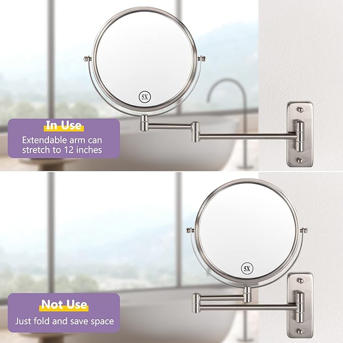 Wall Mounted Makeup Mirror, 1X/5X Magnifying Mirror Double Sided, 8 Inch - Image 5