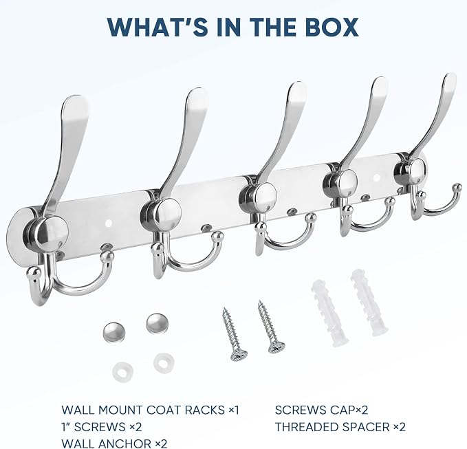 TICONN Wall Mounted Coat Rack, Five Heavy Duty Tri Hooks All Metal Construction - Image 5