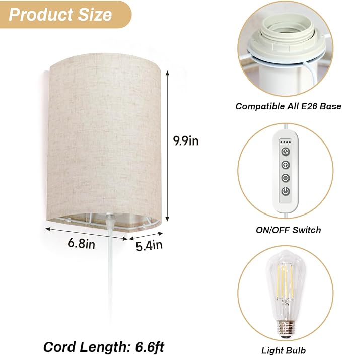 FINCMY Wall Sconce Light Plug in, Dimmable Sconces Wall Decor Set of 2 - Image 6