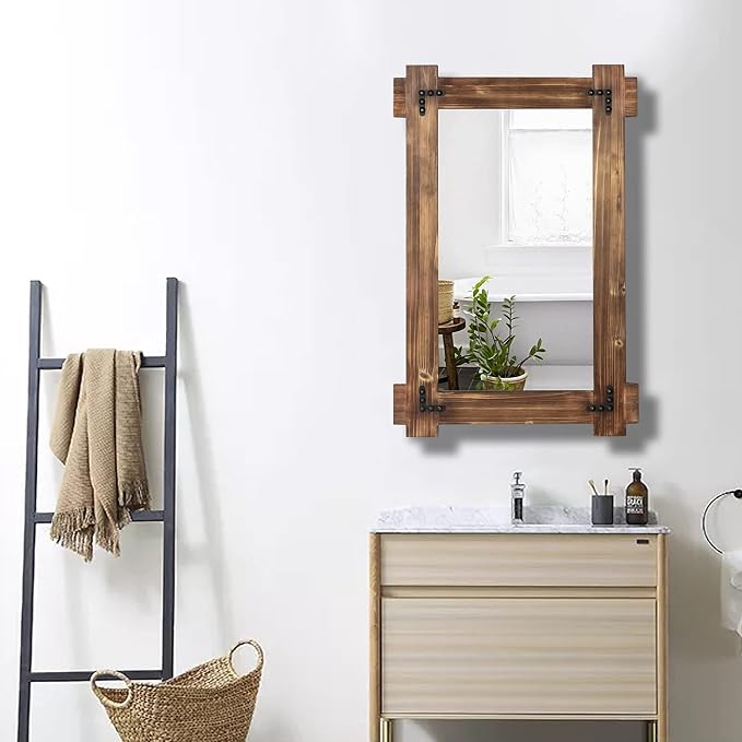 MeMoreCool Rustic Wood Mirror for Bathroom, Farmhouse Wall Mounted Vanity Mirror - Image 9