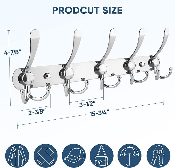 TICONN Wall Mounted Coat Rack, Five Heavy Duty Tri Hooks All Metal Construction - Image 2