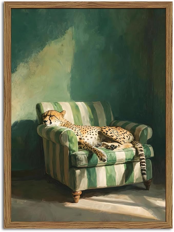 Framed Funny Leopard Canvas Wall Art, Vintage Sleeping Cheetah on Sofa Pictures by Unknown