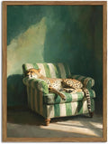 Framed Funny Leopard Canvas Wall Art, Vintage Sleeping Cheetah on Sofa Pictures by Unknown