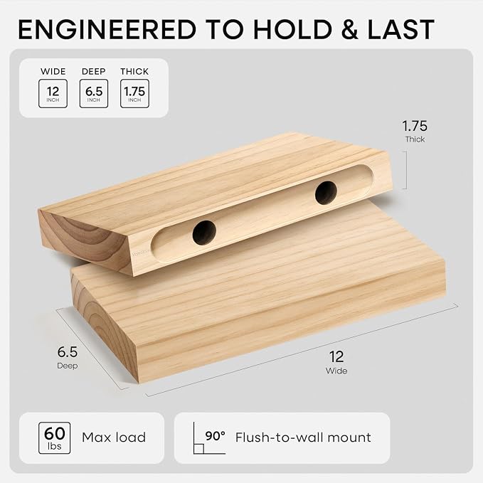 Homeforia 12 inch Natural Floating Shelf, High End Solid Real Wood 12inch Small - Image 3