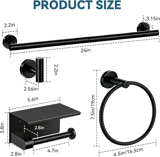 5-Piece Matte Black Bathroom Accessories Set, 24-Inch Wall-Mounted Towel Bar - Image 3
