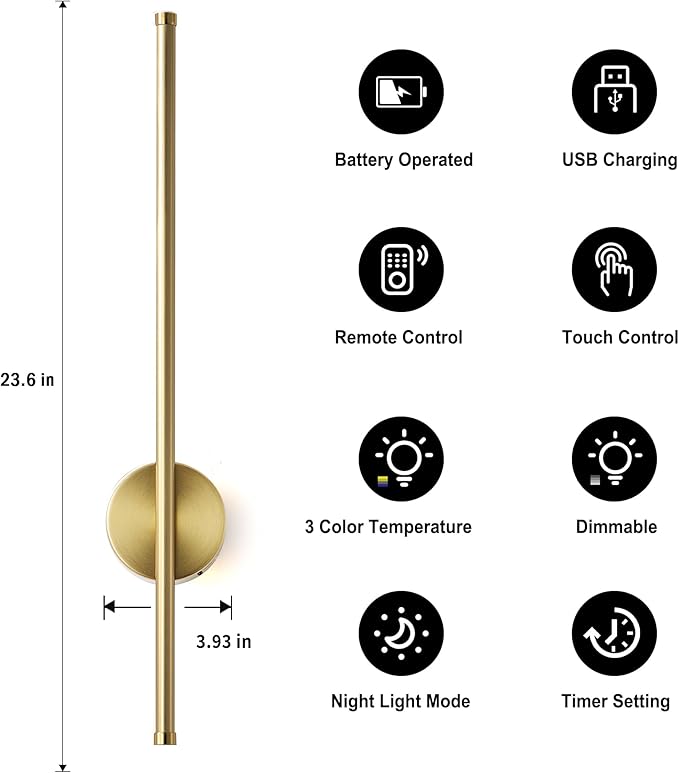 Battery Operated Modern Wall Sconces, Dimmable Wireless Wall Light Set of Two - Image 4