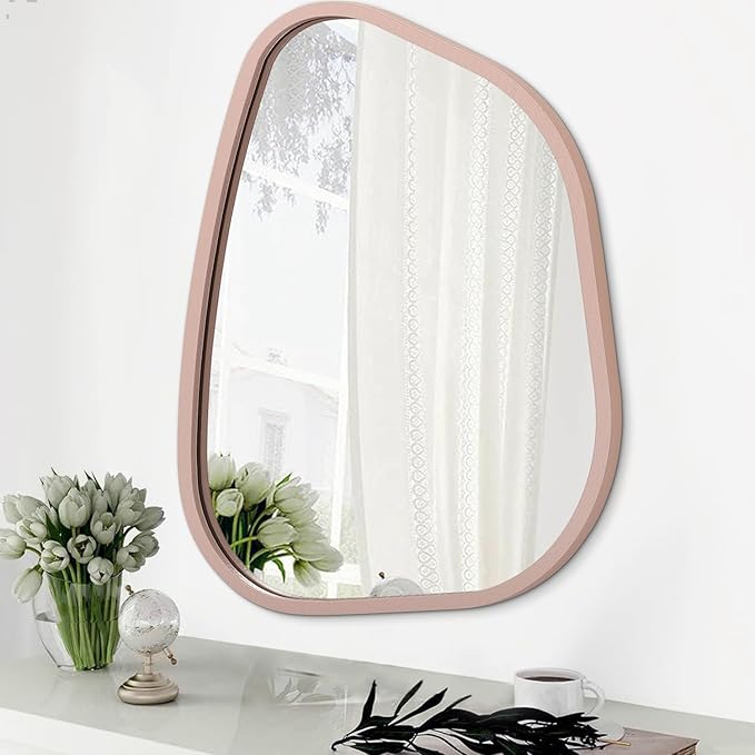 Irregular Wall Mirror 26"x18", Asymmetrical Large Bathroom Mirror Wood Framed by HLFMVWE