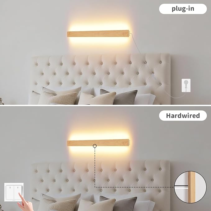 Modern Plug in Wall Sconces, 23.6 inch Faux Wood Texture Finish LED Long Wall - Image 4