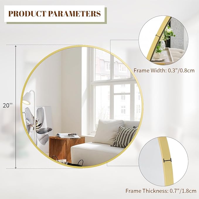 BEAUTYPEAK 20 Inch Round Mirror, Metal Frame Circle Mirror, Wall Mounted - Image 3