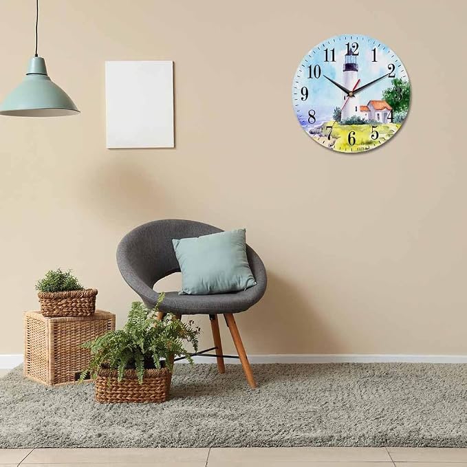 Mxocom Watercolor Lighthouse Wall Clock Building Green Hill Blue Skies House - Image 6