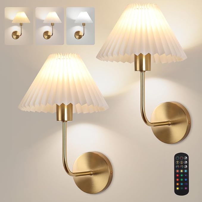 Wireless Wall Sconce Sets of 2, Pleated Shades Rechargeable Battery Operated - Image 9