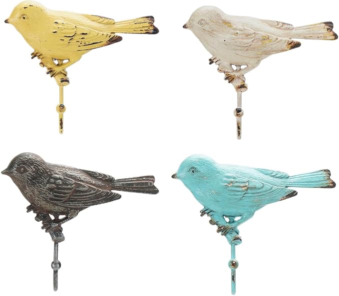 SOFFEE DESIGN Set of 4 Vintage Metal Birds Wall Coat Hooks, Heavy Duty Hangger by SOFFEEDESIGN