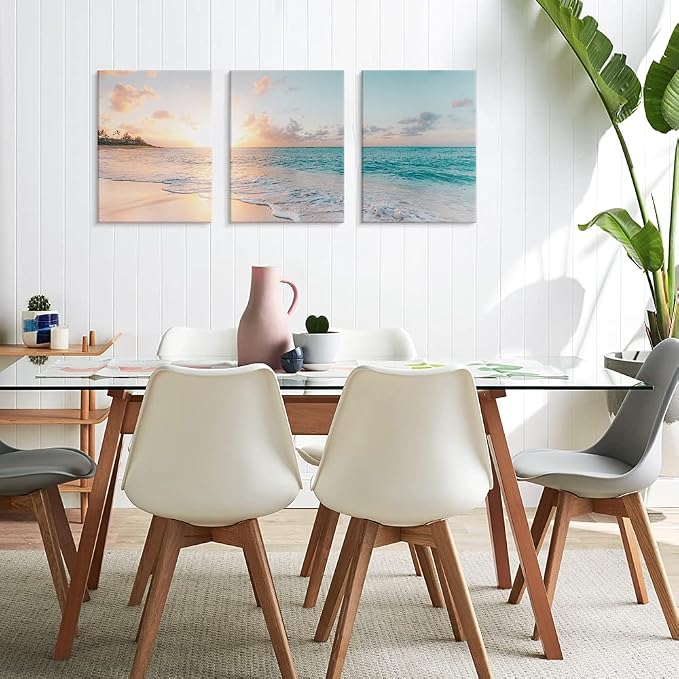 Goldfoilart 3 Pieces Beach Wall Art Sunset Bathroom Canvas Pictures Ocean Wall - Image 4