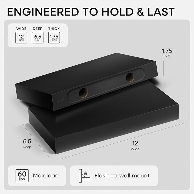 Homeforia Floating Shelf Black 12 inch, High End Solid Real Wood Small 12inch - Image 3