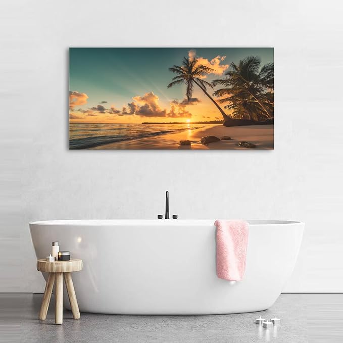 Beach Wall Art Palm Tree Pictures Sunset Coastal Landscape Bathroom Wall Decor - Image 5