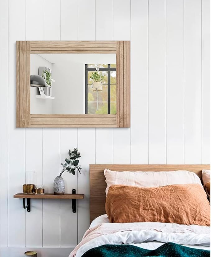 Rectangle Mirror Retro Wooden Wall-Mounted Mirrors Farmhouse Bedroom Bathroom - Image 5