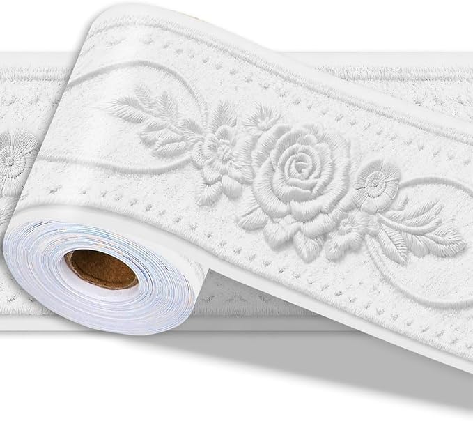 3D Wallpaper Border Floral White Wall Border Trim 197 x 4 Inch Elegant Rose by PRESSINART