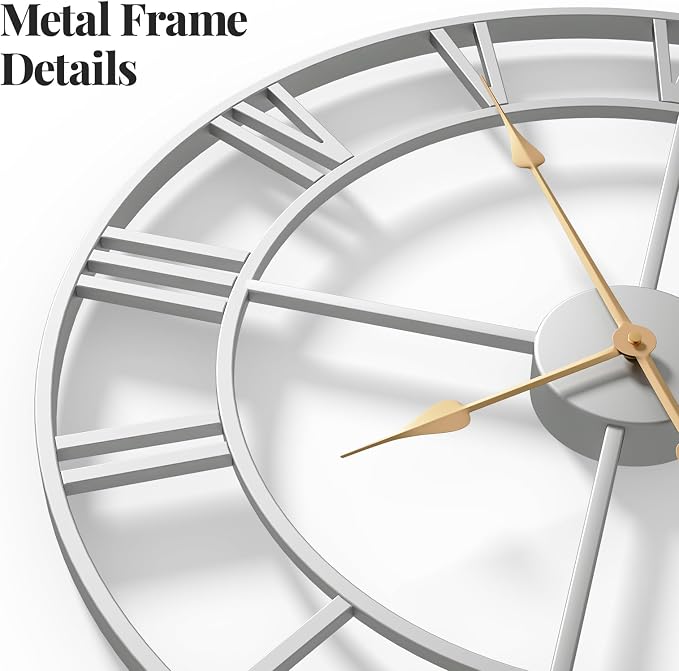 Cuspin 20 Inch Wall Clock Large Silver Decorative Clocks, Modern Metal Round - Image 4