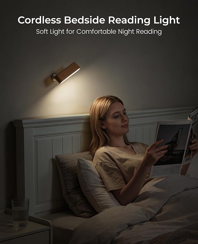 Wood LED Wall Sconce, Magnetic 360° Rotatable Wall Mounted Night Light & - Image 3