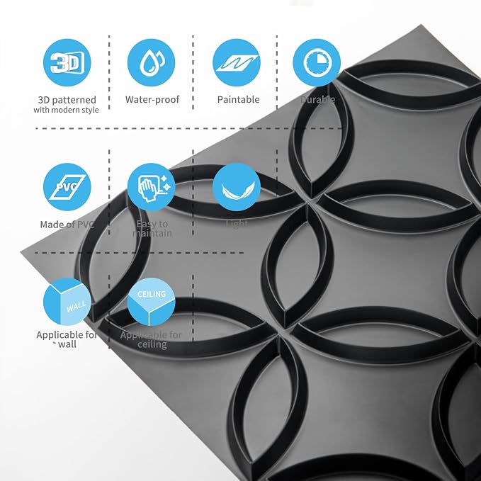 Art3d PVC 3D Wall Panel Interlocked Circles in Matt Black Cover 32 Sq.ft - Image 7