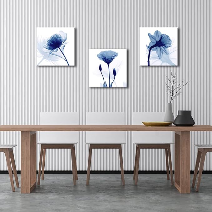 Wieco Art Blue Abstract Flowers 3 Panels Canvas Prints Wall Art Modern Pictures - Image 3