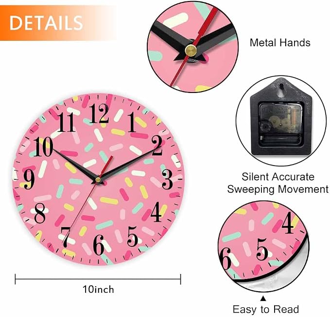 Mxocom Pink Donut Glaze Wall Clock Ice Cream Chocolate Colorful Sprinkles 10 - Image 2