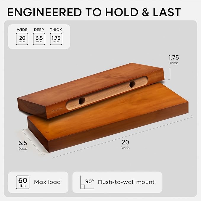Homeforia 20 inch Floating Shelf Oak, High End Solid Real Wood 20inch Long - Image 2