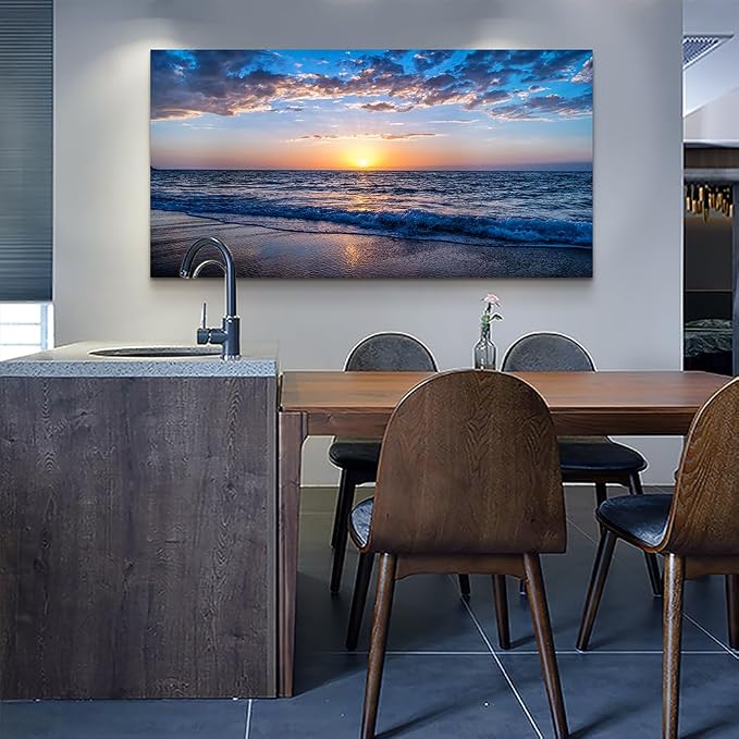 Wapluam Beach Wall Art -Blue Sea Coastal Sunset Natural Scenery Picture -Print - Image 4