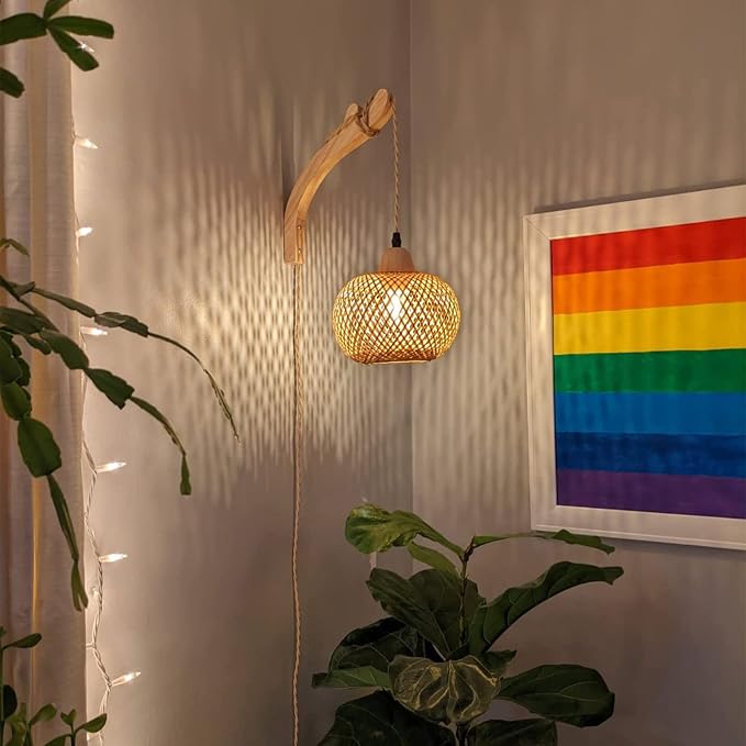 Frideko Bamboo Lantern Plug in Wall Sconces Wicker Wall Lamp - Image 2