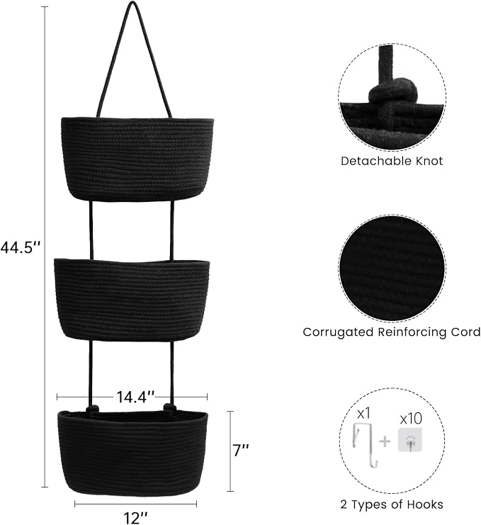 TeoKJ Over the Door Hanging Basket, 3-Tier Woven Cotton Wall-Mounted Storage - Image 2